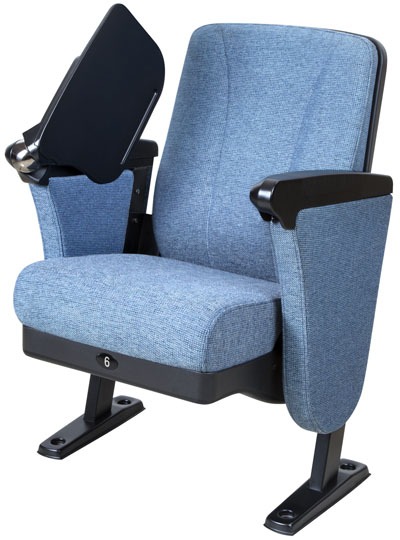 Swinging Laville lecture room seats with tablet arm from up position to down in lecture hall