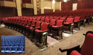Comfortable and fixed chairs used for stadium seating.