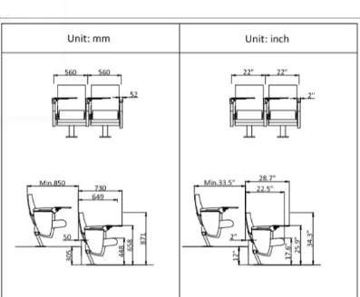 Auditorium seat dimensions drawing in millimeters and inches
