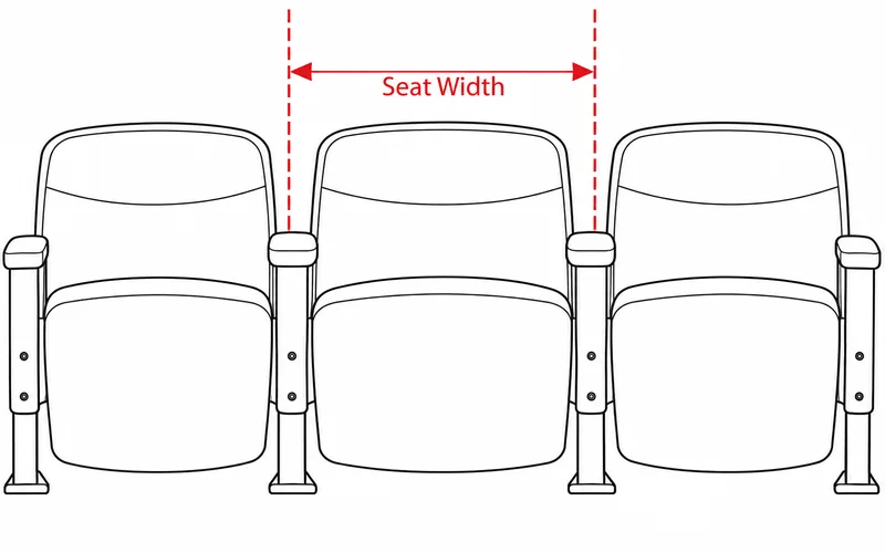 Diagram showing how to measure auditorium seat width from armrest center to armrest center