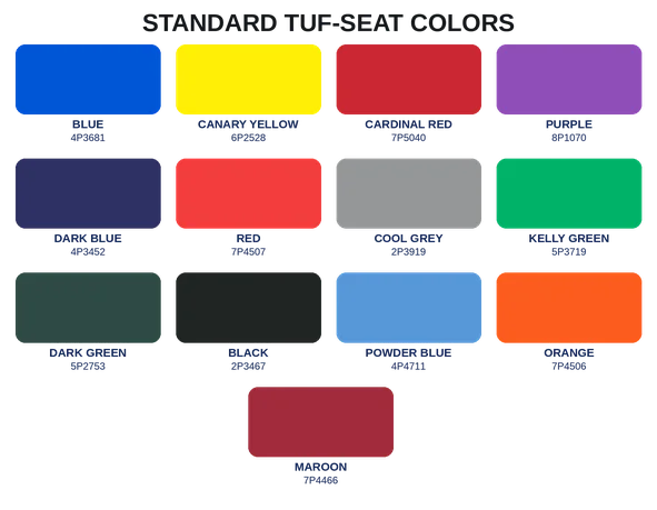Chart of standard Tuf Seat colors including blue, yellow, red, purple, gray, and green